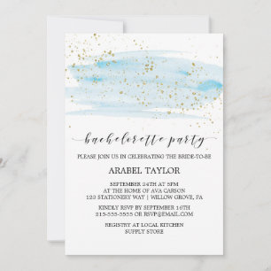 Watercolor Blue och Guld Bachelorette Party Inbjudningar