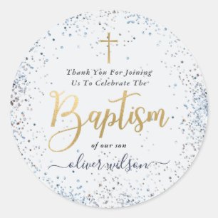 Watercolor Blue och Guld Boy Baptism Tack  Runt Klistermärke