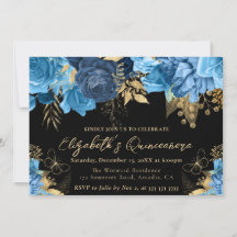 Watercolor Blue och Guld Flowers Quinceanera