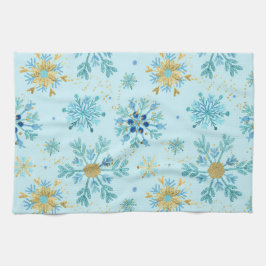 Watercolor Blue och Guld Glitter Winter Snöflingor Kökshandduk