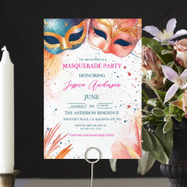 Watercolor Blue och Red Masqueraad Party Birthday Inbjudningar