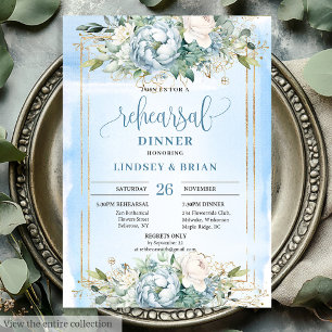 Watercolor Blue och White Peony Rehearsal Inbjudan
