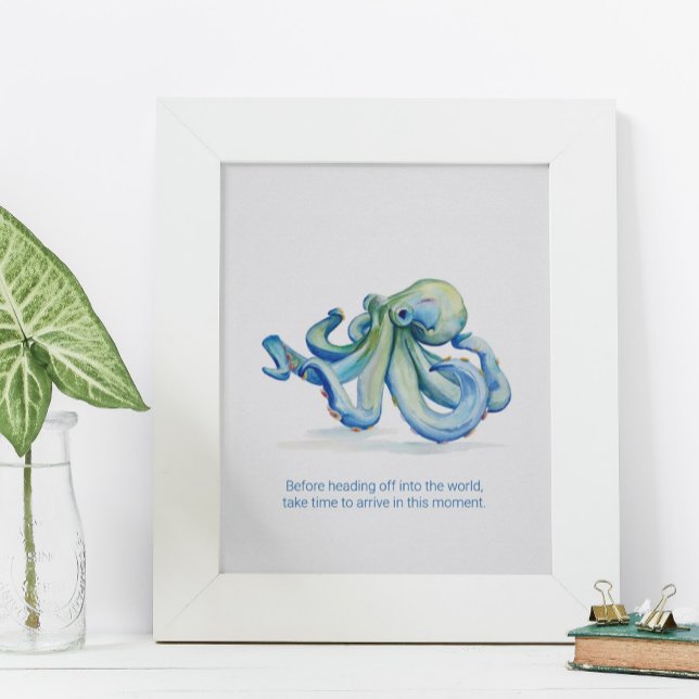 Watercolor Blue Octopus, väggkonstbeläggning Poster (Wall Art Charming Watercolor Blue Octopus posters custom print)