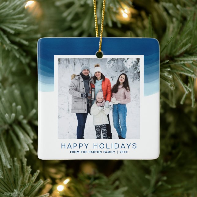 Watercolor Blue Ombre Lycklig Helgdag Julgransprydnad Keramik (Träd)