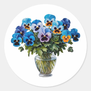 Watercolor Blue Pansy Flower Bouquet Runt Klistermärke