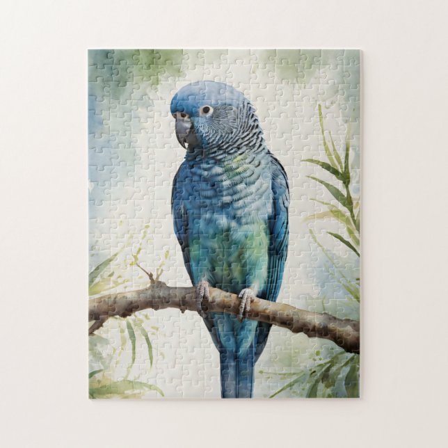 Watercolor Blue Parakeet Eucalyptus Träd Pussel (Vertikal)
