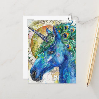 Watercolor Blue Peacock Unicorn Vykort