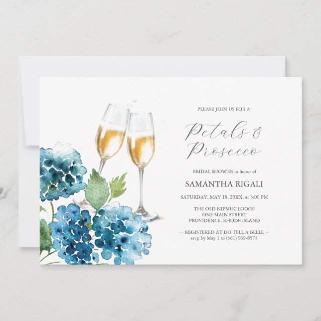 Watercolor Blue Petals & Prosecco Bridal Shower Inbjudningar (Framsida)