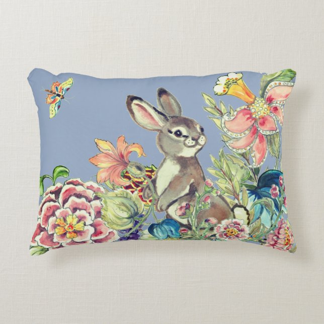 Watercolor Blue Rabbit Blomsterträdgård Chinoiseri Prydnadskudde (Framsidan)