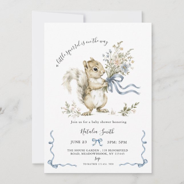 Watercolor Blue Ribbon Squirrel Baby Shower  Inbjudningar (Framsida)