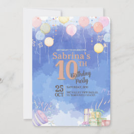 Watercolor Blue Sky Balloon Birthday Invitation Inbjudningar