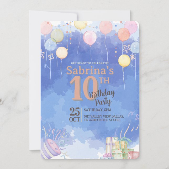 Watercolor Blue Sky Balloon Birthday Invitation Inbjudningar (Framsida)