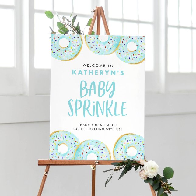 Watercolor Blue Sprinkle Donuts Baby Sprinkle Poster (Watercolor Blue Donuts Baby Sprinkle Welcome Sign – Customizable Baby Shower Decor)