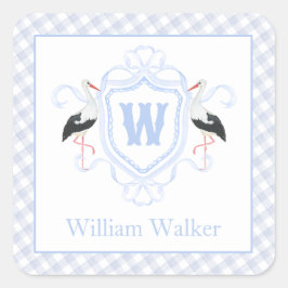 Watercolor Blue Stork Gingham Monogram Crest Fyrkantigt Klistermärke