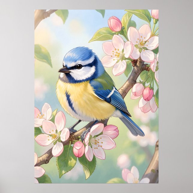 Watercolor Blue Tit Bird on Apple Tree Spring Poster (Framsidan)