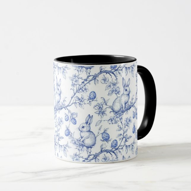 Watercolor Blue Toile De Jouy Bunny Mugg (Framsida höger)