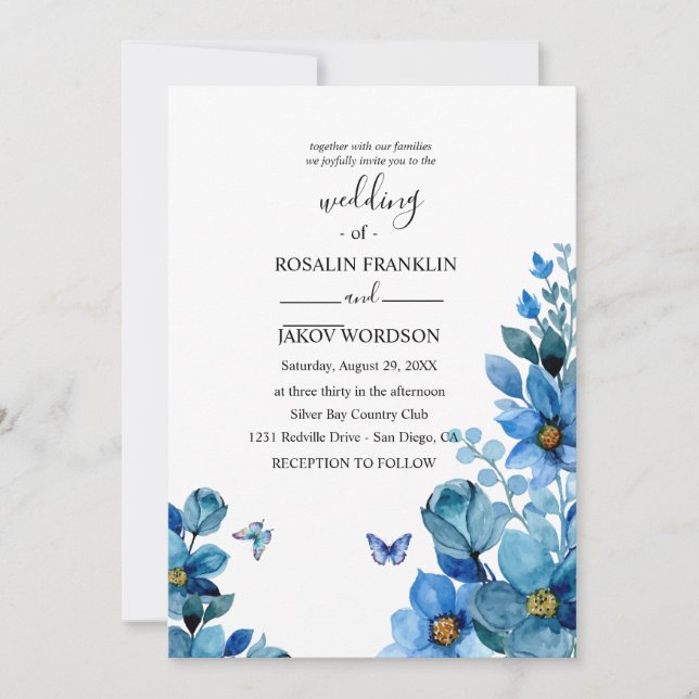 watercolor blue wedding Invitation Inbjudningar (Framsida)
