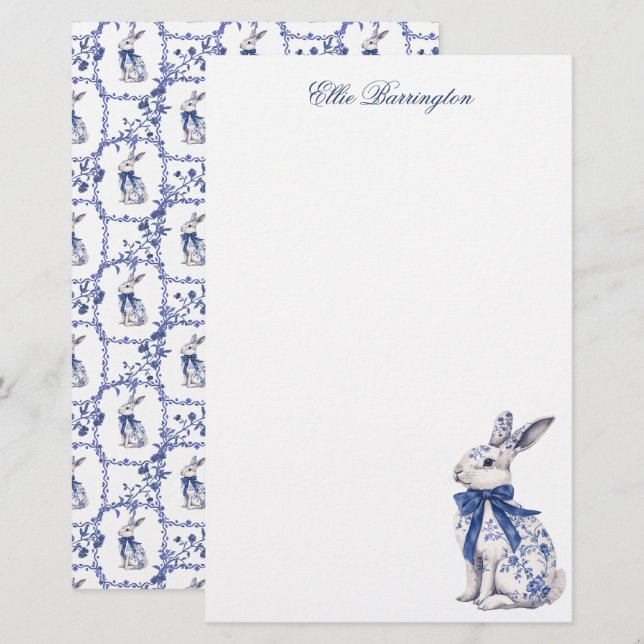 Watercolor Blue & White Chinoiserie Bunny Rabbit Brevpapper (Fram/baksida)