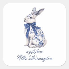 Watercolor Blue & White Chinoiserie Bunny Rabbit Fyrkantigt Klistermärke