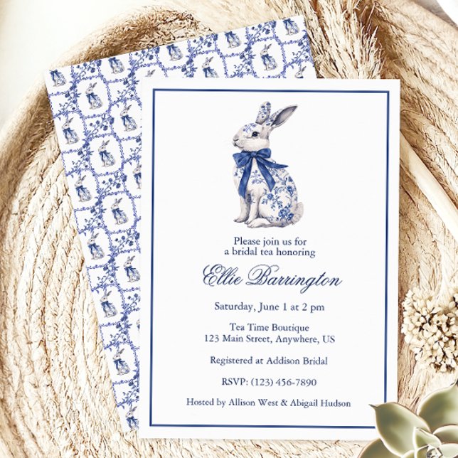 Watercolor Blue & White Chinoiserie Bunny Rabbit Inbjudningar (Skapare uppladdad)