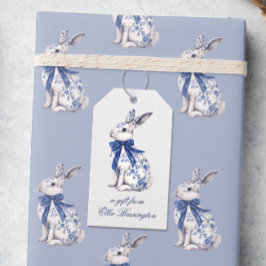 Watercolor Blue & White Chinoiserie Bunny Rabbit Presentetikett