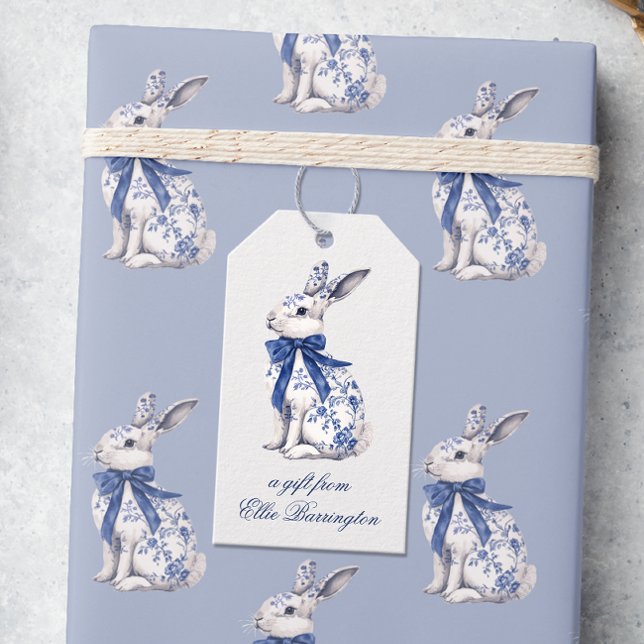 Watercolor Blue & White Chinoiserie Bunny Rabbit Presentetikett (Skapare uppladdad)