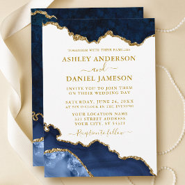 Watercolor Blue White Guld Marble Geode Bröllop Inbjudningar
