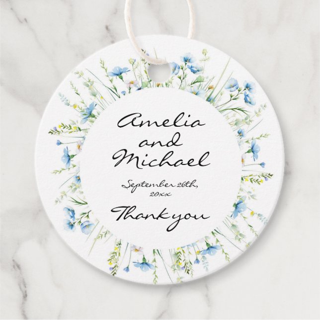 Watercolor Blue Wildblommor Bröllop Gåvor Etiketter (Framsida)