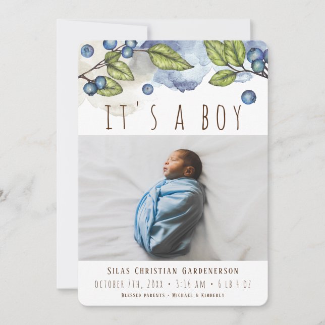 Watercolor Blueberry Boy Announcement Meddelande (Framsida)
