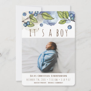 Watercolor Blueberry Boy Announcement Meddelande