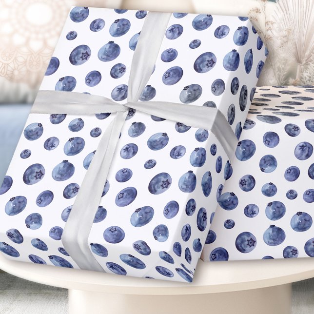 Watercolor Blueberry Mönster Blue White Presentpapper (Watercolor Blueberry Pattern Blue White Wrapping Paper)