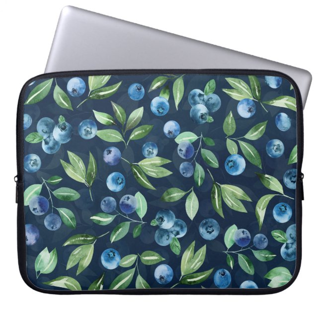 Watercolor Blueberry Mörk Bakgrund Mönster Laptop Fodral (Framsidan)