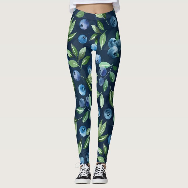 Watercolor Blueberry Mörk Bakgrund Mönster Leggings (Framsida)