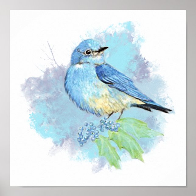 Watercolor Bluebird Garden Bird Art Poster (Framsidan)