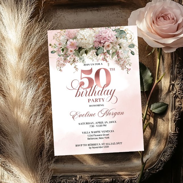 Watercolor Blush Bouquet Gold Greenery 50 Birthday Inbjudningar (Watercolor Blush Bouquet Gold Greenery 50th Birthday)