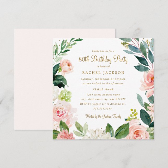Watercolor Blush Guld Blommig 80-års Födelsedagsin Inbjudningar (Fram/baksida)