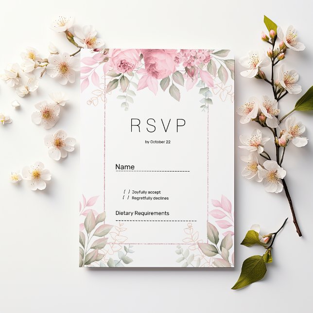 Watercolor blush pink mint white floral RSVP Inbjudningar (Watercolor blush pink mint white floral RSVP)