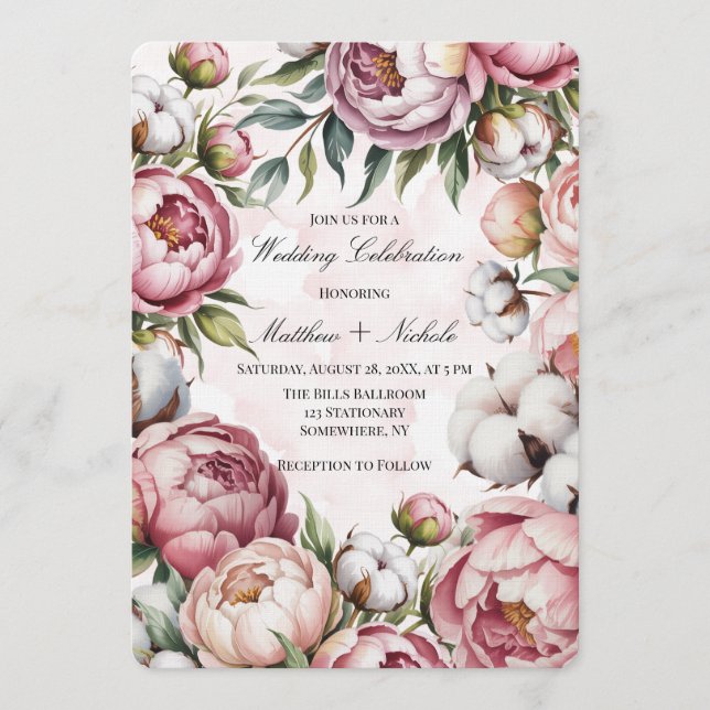 Watercolor Blush Pink Peony and Cotton Wedding  Inbjudningar (Framsida)