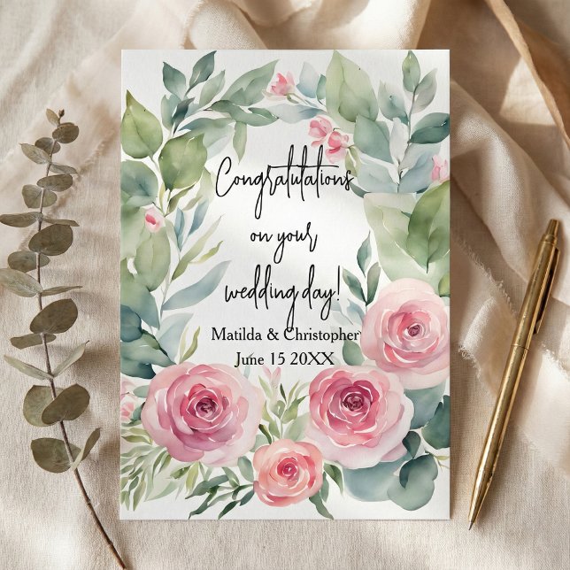 Watercolor Blush Pink Rose & Eucalyptus Wedding Kort (Skapare uppladdad)