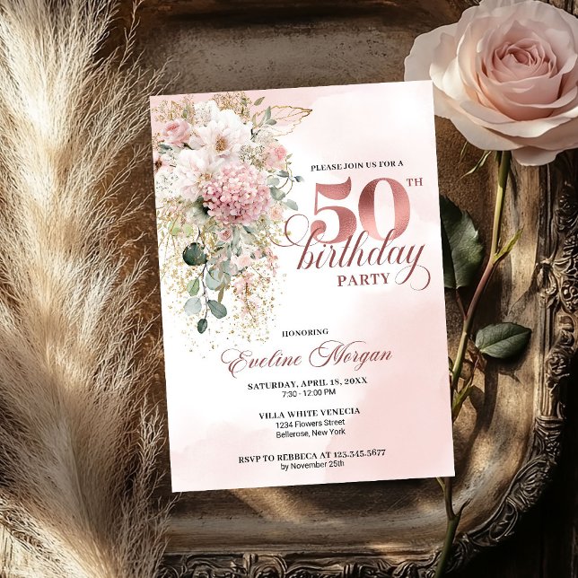 Watercolor Blush Rose Gold Florals 50th Birthday  Inbjudningar (Watercolor Blush Rose Gold Florals 50th Birthday Card)