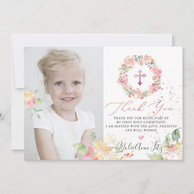 Watercolor Blushing Ro Communion Tack Inbjudningar (Framsida)