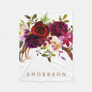 Watercolor Bohemian Blommigt Burgundy Marsala Fleecefilt