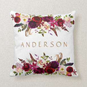 Watercolor Bohemian Blommigt Burgundy Marsala Whit Kudde