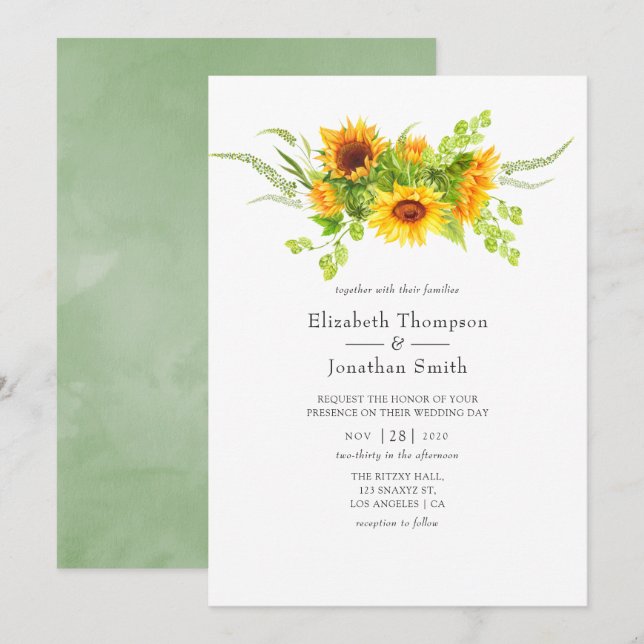 Watercolor Bohemian Sunblommor Bröllop Inbjudningar (Fram/baksida)