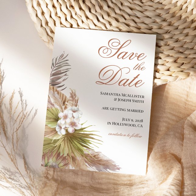 Watercolor Boho Beige Blommigt Spara Datumet (Seaside Wedding Save the Dates)