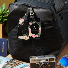 Watercolor Boho Blommig på Svart | Chic Monogram Bagagebricka