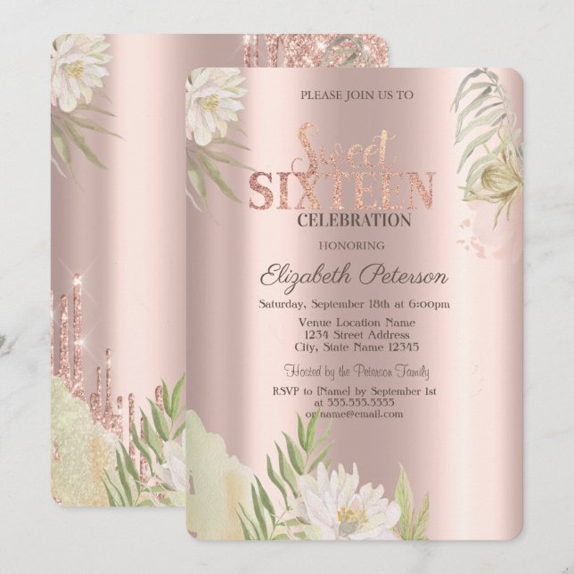 Watercolor Boho Blommig Roséguld Sweet 16  Inbjudningar (Fram/baksida)