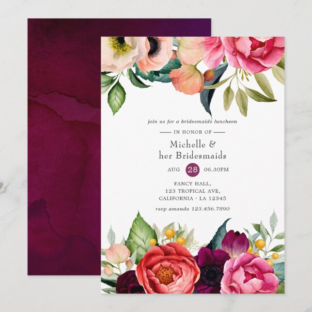 Watercolor Boho Blommigt Bridesmaids Luncheon Inbjudningar (Fram/baksida)