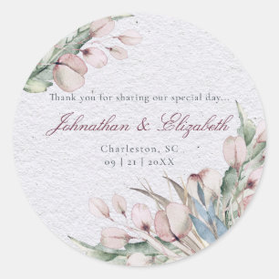 Watercolor Boho Blommigt och Botanical Wedding Fav Runt Klistermärke
