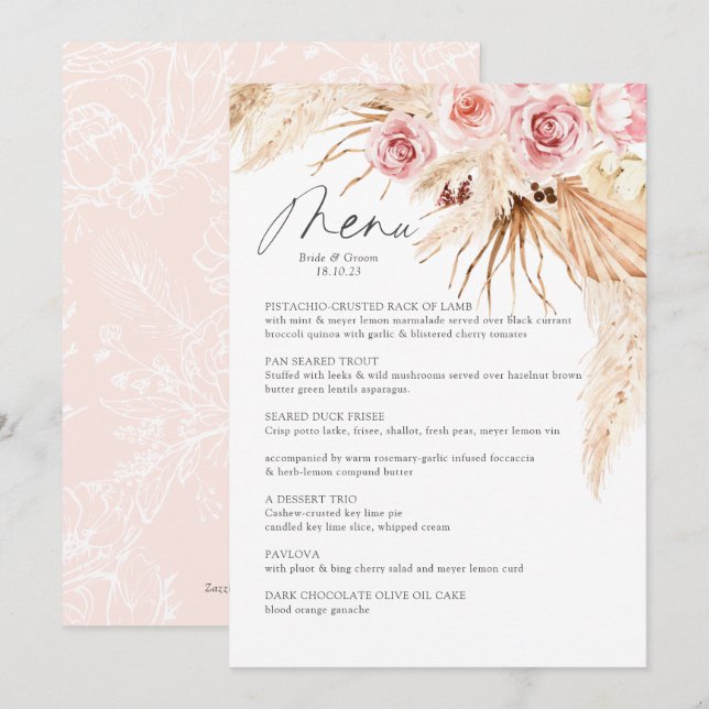 Watercolor Boho Blommigt Pampas Gras Bröllop Meny (Fram/baksida)